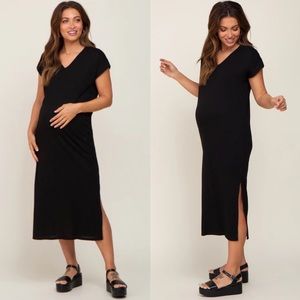 Black V-Neck Side Slit Maternity Midi Dress